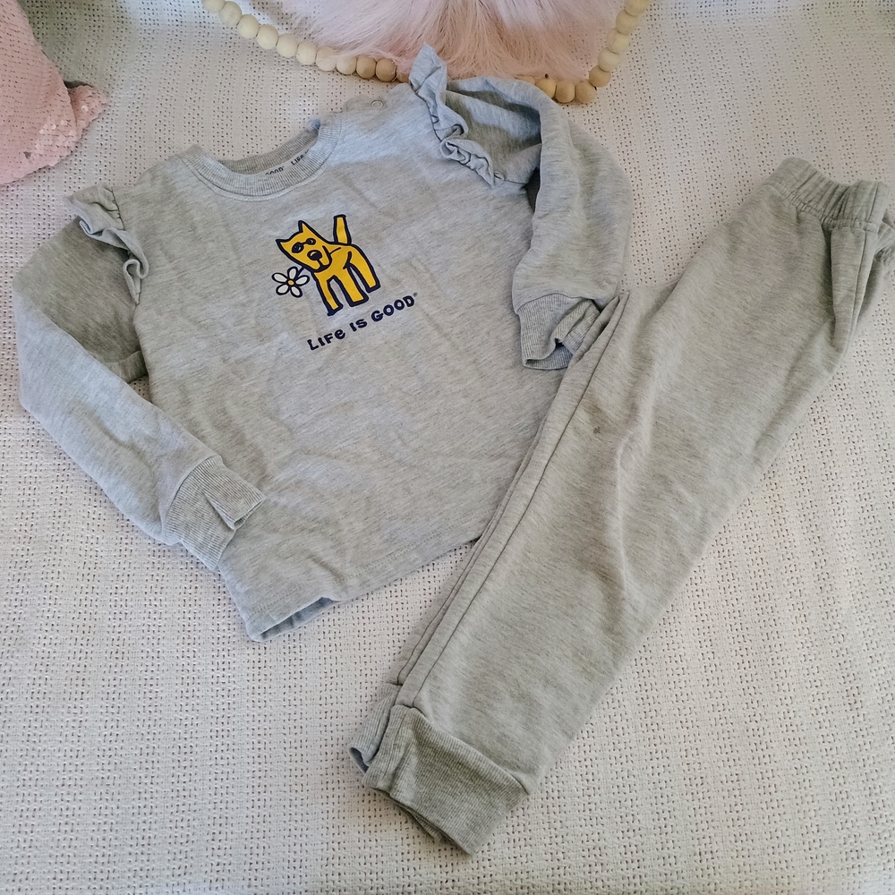 Life Is Good Gray Kids Matching Set with Yellow Dog Design